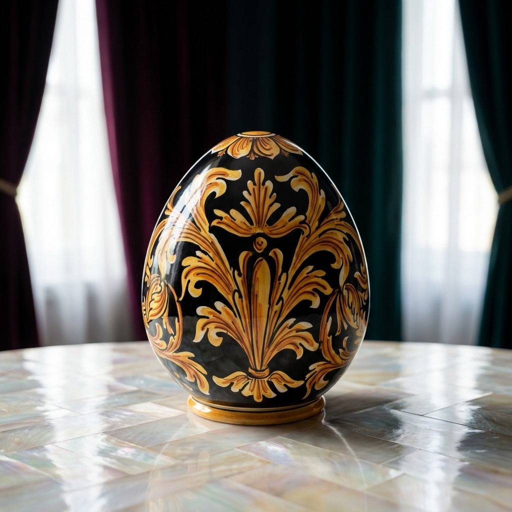 Caltagirone ceramic egg h 20 decorated with black background