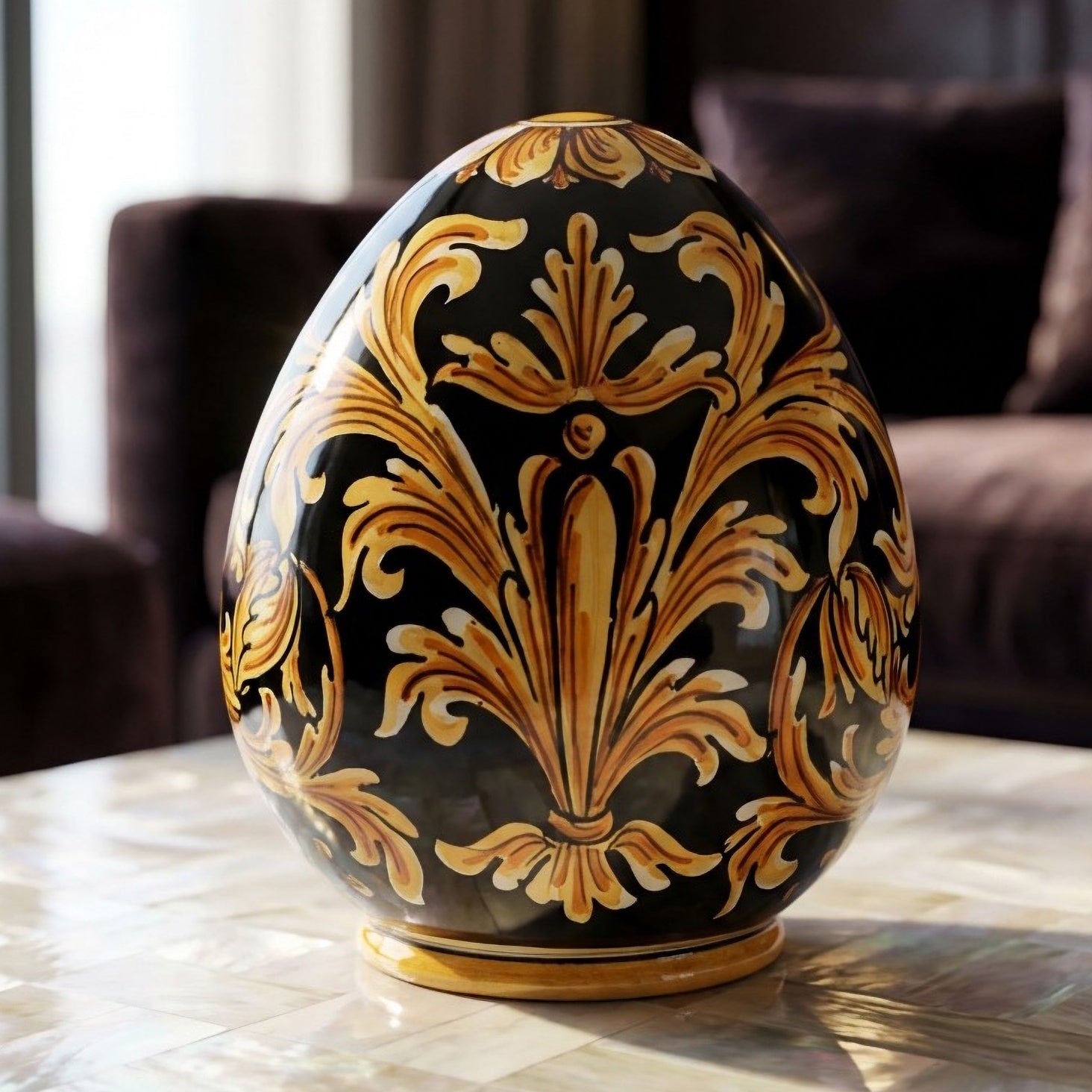 Caltagirone ceramic egg h 20 decorated with black background
