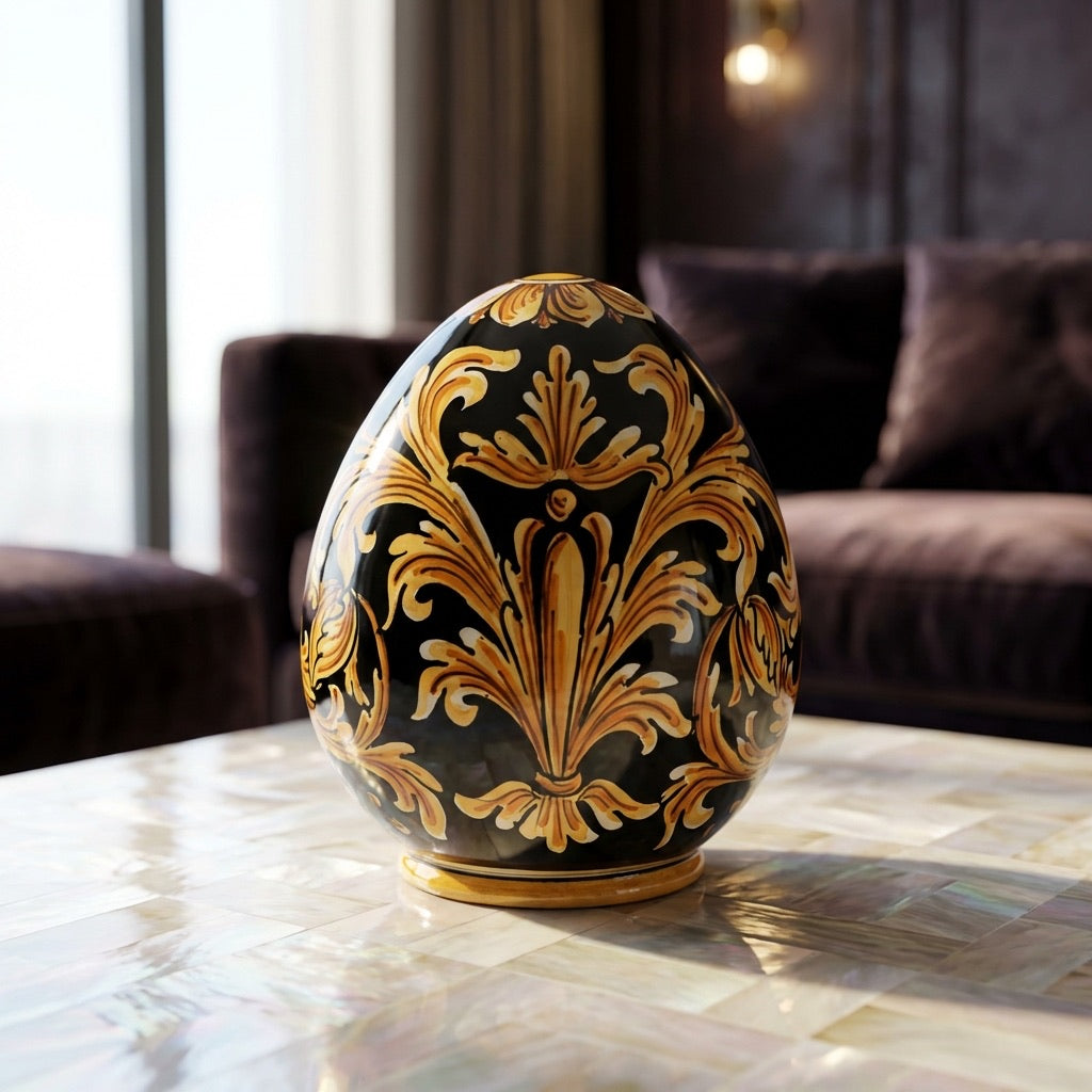 Caltagirone ceramic egg h 20 decorated with black background