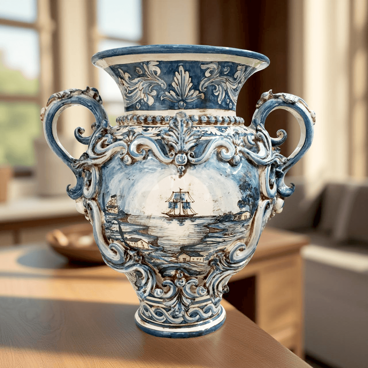 Vaso anfora h 40 c/greca rilievo ornato mono blu c/veliero - Ceramiche di Caltagirone Sofia