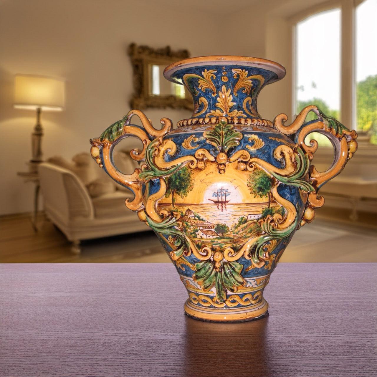 Vaso Anfora H 40 con Greca a Rilievo e Veliero - Ornato Calatino - Ceramiche di Caltagirone Sofia