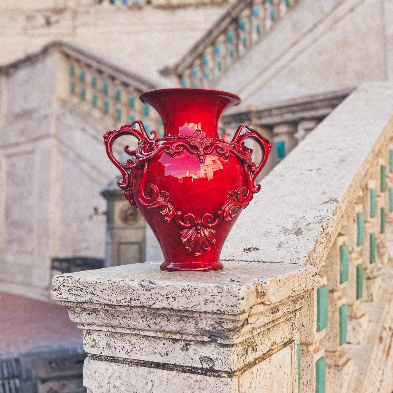 Vaso Anfora H 40 con Greca a Rilievo Rosso Fuoco - Ceramiche di Caltagirone Sofia - Ceramiche di Caltagirone Sofia
