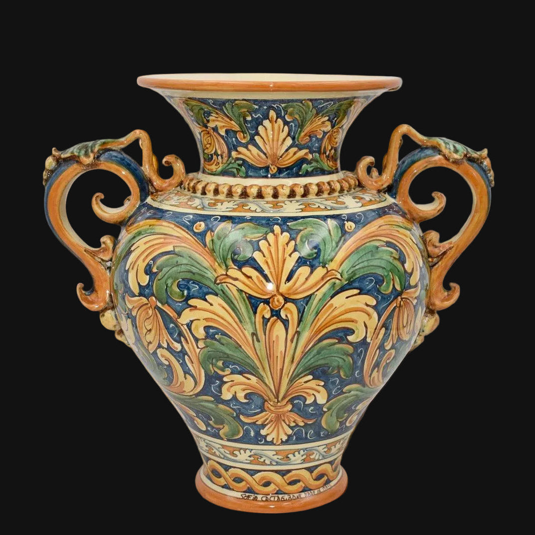 Vaso anfora ornato in ceramica di Caltagirone Sofia, decorato a mano, ceramiche Caltagirone fatti a mano.