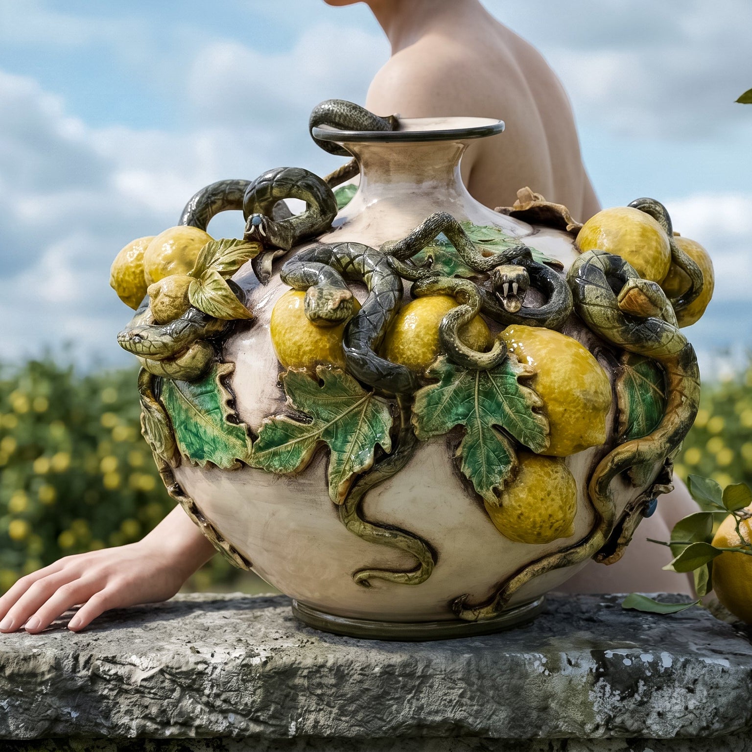 Caltagirone Ceramic Round Vase with Applied Lemons — Giardini dell'Eden Line, Mother of Pearl