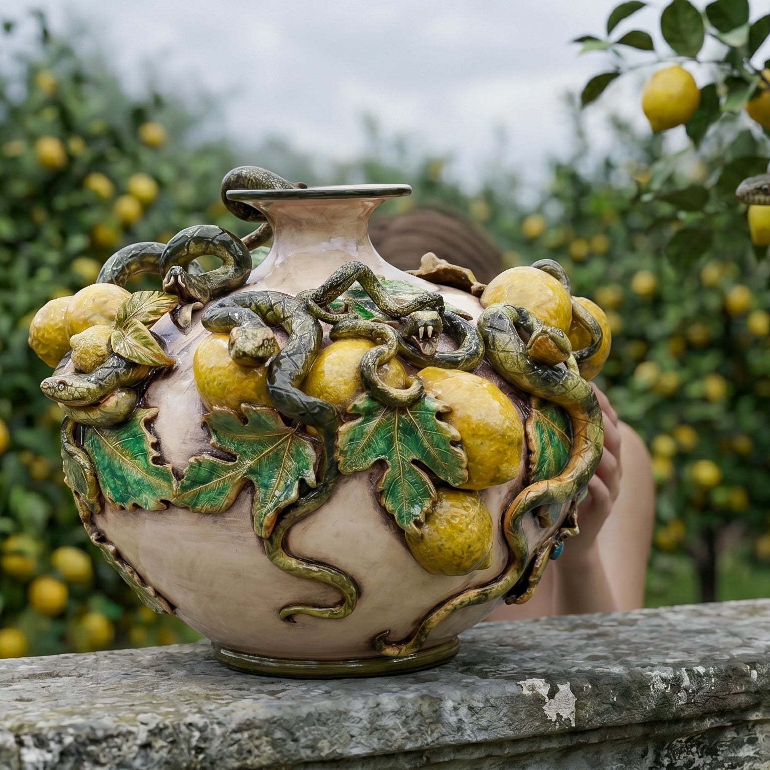 Caltagirone Ceramic Round Vase with Applied Lemons — Giardini dell'Eden Line, Mother of Pearl