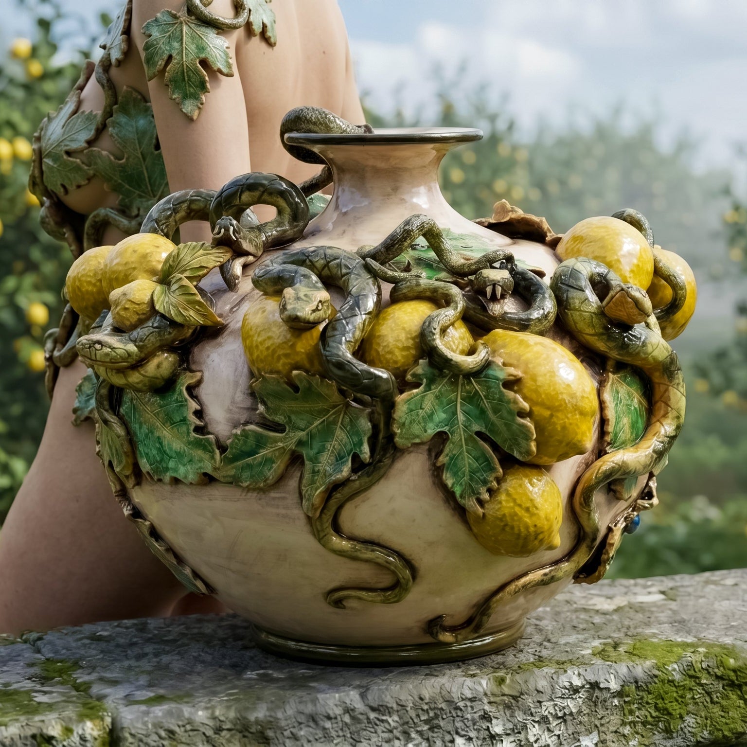 Caltagirone Ceramic Round Vase with Applied Lemons — Giardini dell'Eden Line, Mother of Pearl