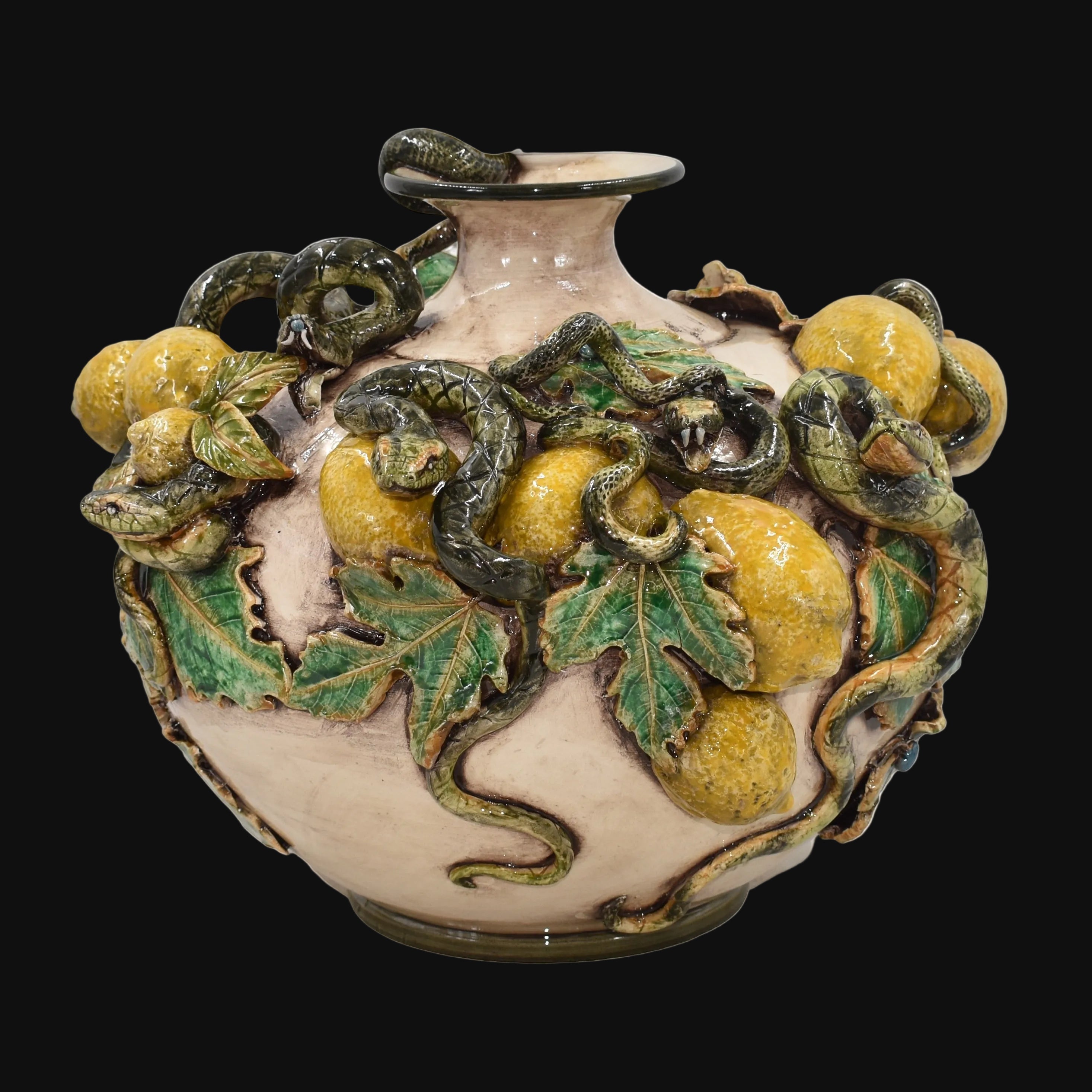 Caltagirone Ceramic Round Vase with Applied Lemons — Giardini dell'Eden Line, Mother of Pearl