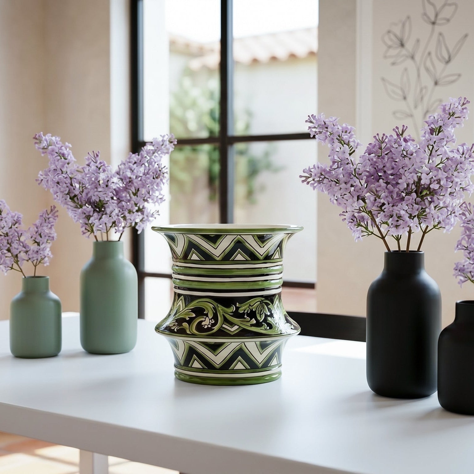 Caltagirone Ceramic Centerpiece Vase H 25 cm / 9¾" Ø 23 cm — Parigi Line Black and Green