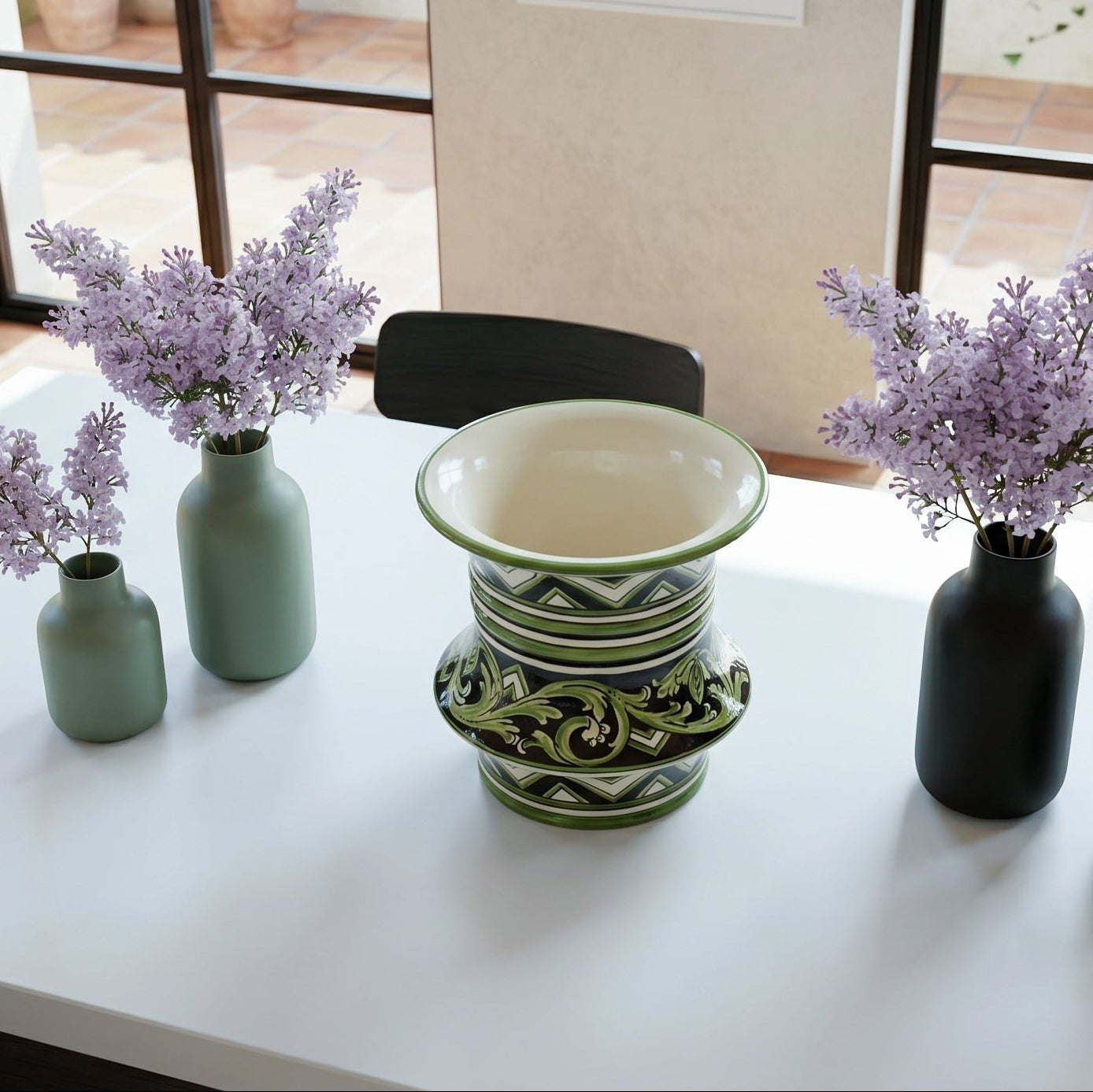 Caltagirone Ceramic Centerpiece Vase H 25 cm / 9¾" Ø 23 cm — Parigi Line Black and Green