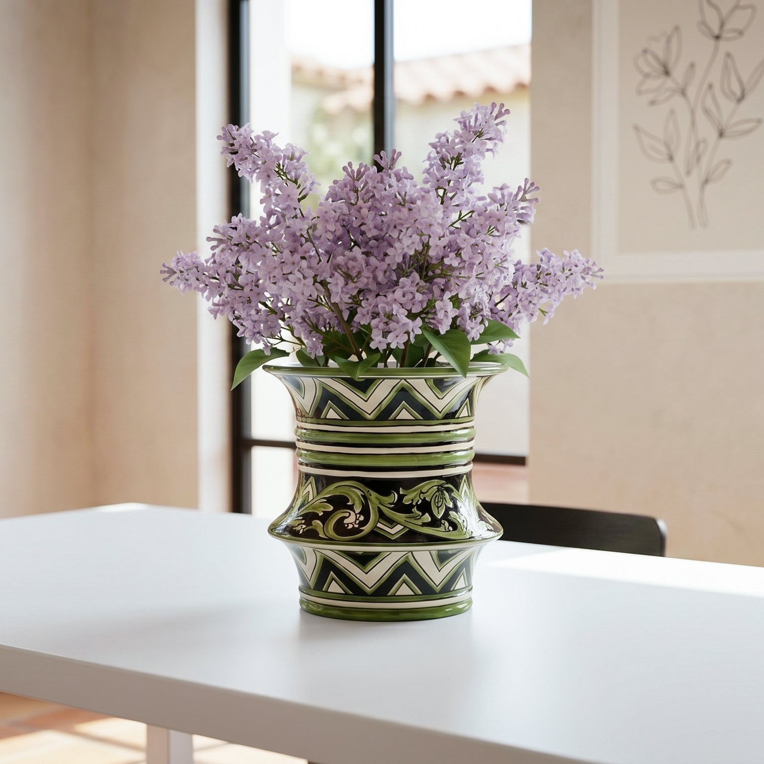 Caltagirone Ceramic Centerpiece Vase H 25 cm / 9¾" Ø 23 cm — Parigi Line Black and Green
