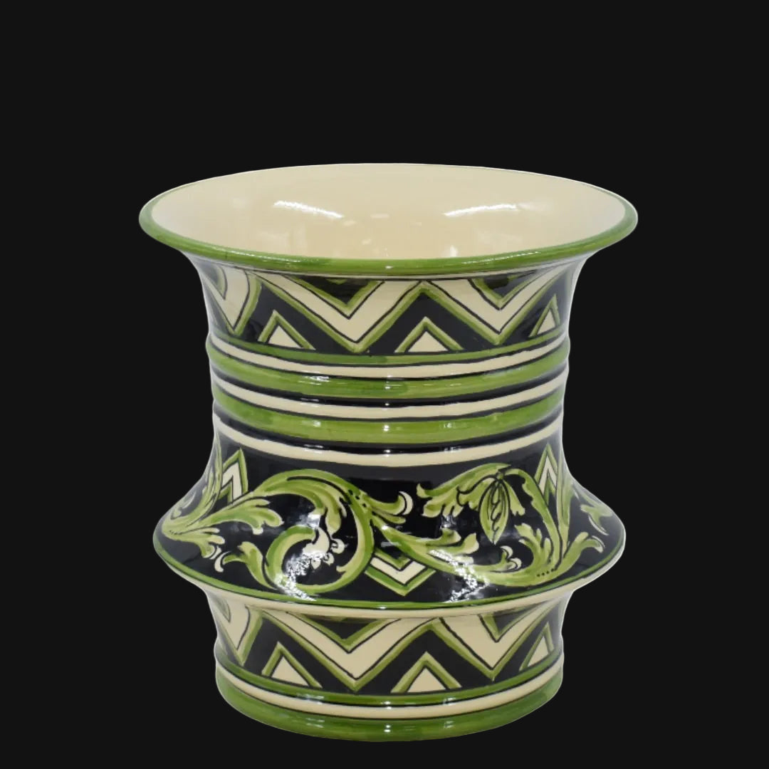 Caltagirone Ceramic Centerpiece Vase H 25 cm / 9¾" Ø 23 cm — Parigi Line Black and Green