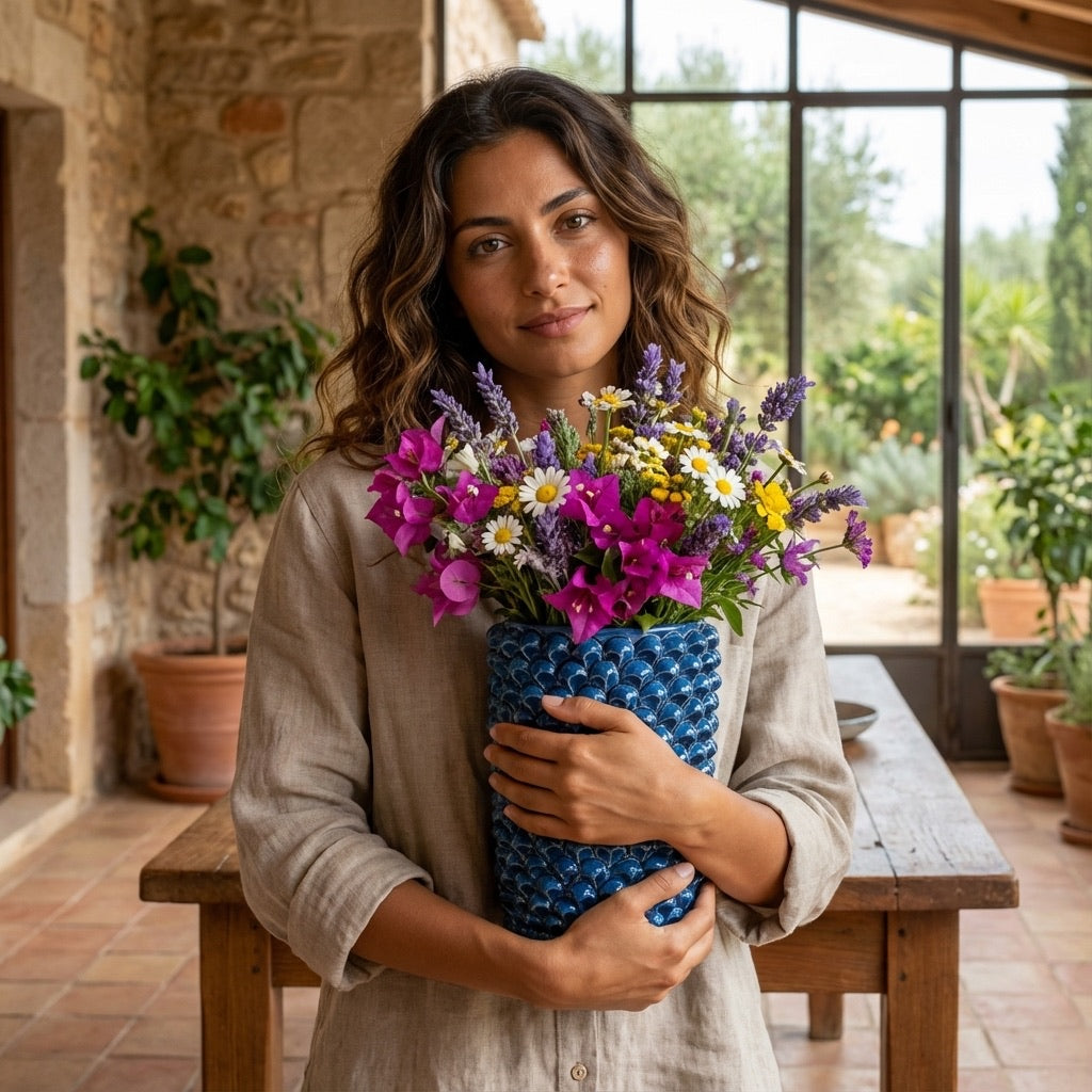 Donna con vaso blu di ceramiche Caltagirone Sofia fatti a mano e fiori freschi, ambiente rustico