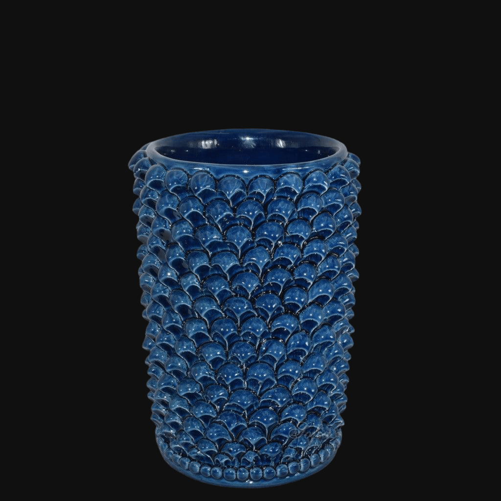 Vaso cilindrico blu intenso ceramiche Caltagirone Sofia, modellato a mano, fatti a mano