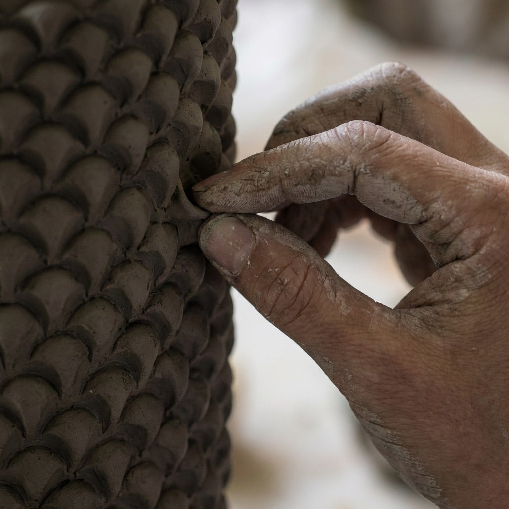 Vaso cilindro pigna modellata a mano in verde e oro - Ceramiche di Caltagirone Sofia