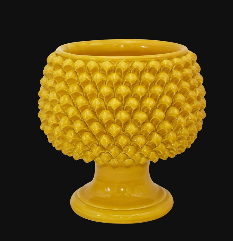 Caltagirone ceramic half-pine cone vase with mustard