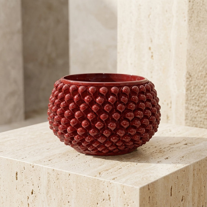 Half pine cone vase without foot, burgundy, in Caltagirone ceramic