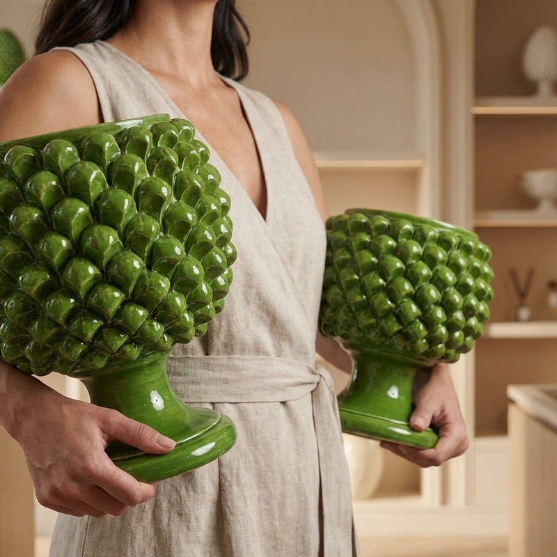 Caltagirone ceramic half-pine cone vase with green leaf