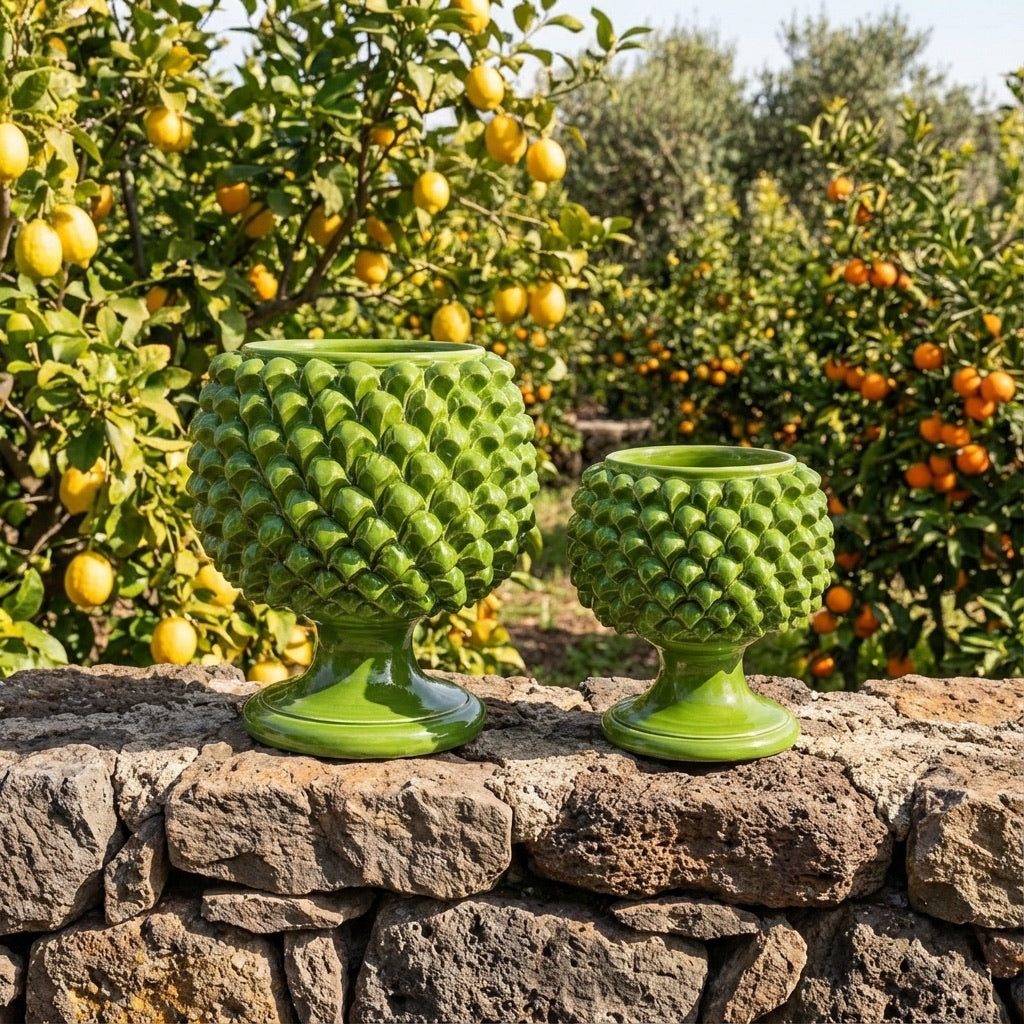 Vaso mezza pigna verde foglia in ceramica di Caltagirone - Ceramiche di Caltagirone Sofia