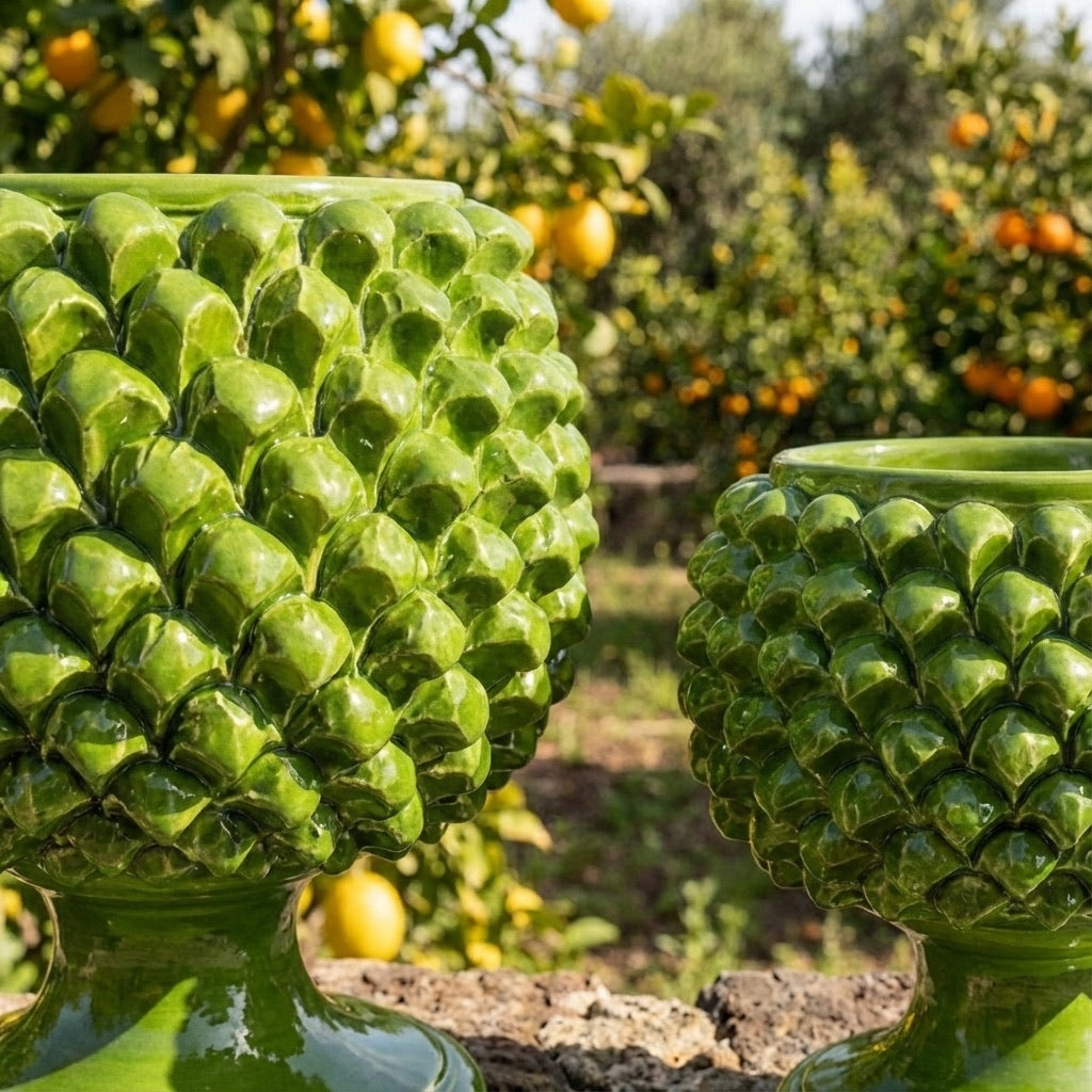 Vaso mezza pigna verde foglia in ceramica di Caltagirone - Ceramiche di Caltagirone Sofia