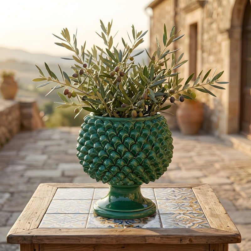 Emerald green half-pine cone vase in Caltagirone ceramic