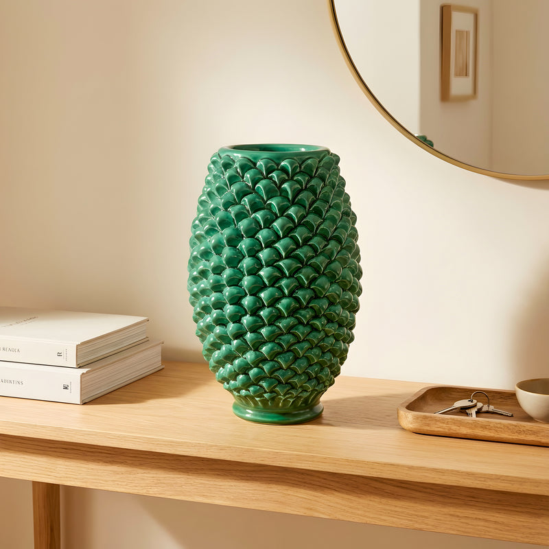 Hand-molded emerald green Caltagirone pine cone vase