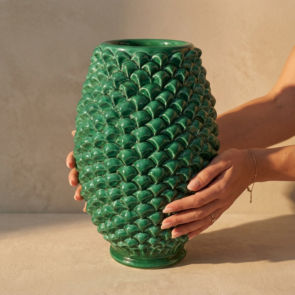 Vaso pigna di Caltagirone verde smeraldo modellata a mano - Ceramiche di Caltagirone Sofia