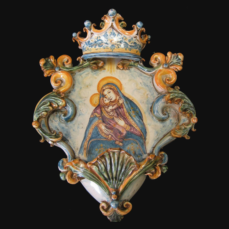 Large Sicilian Holy Water Font 25×35 cm / 10×14", Madonna, Tricolore – Italian devotional ceramic from Caltagirone, Sicily
