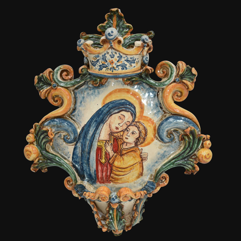 Large Sicilian Holy Water Font 25×35 cm / 10×14", Madonna, Tricolore – Sicilian religious tradition from Caltagirone