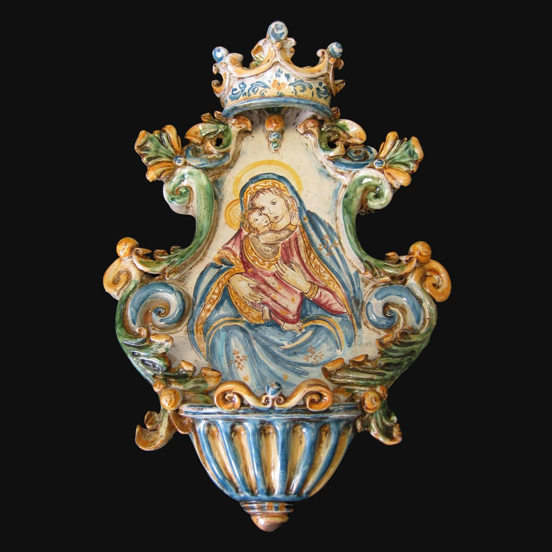 Medium Sicilian Holy Water Font 19×30 cm / 7×12", Madonna, Tricolore – Caltagirone Ceramic – Sicilian sacred craftsmanship