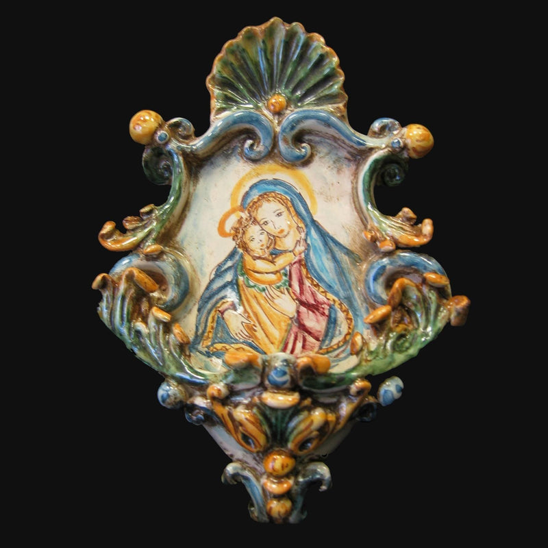 Small Sicilian Holy Water Font 15×25 cm / 6×10", Madonna, Tricolore – Caltagirone Ceramic – Sicilian sacred craftsmanship