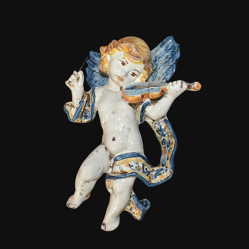 Angelo musico h 20 blu/arancio violino in Ceramica Artistica di Caltagirone