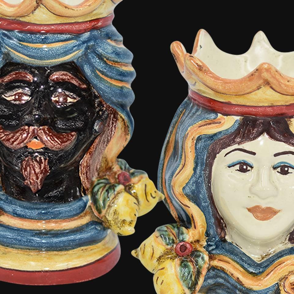Coppia di Teste di moro h 15 in decoro sicily maschio moro - Ceramiche di Caltagirone Sofia