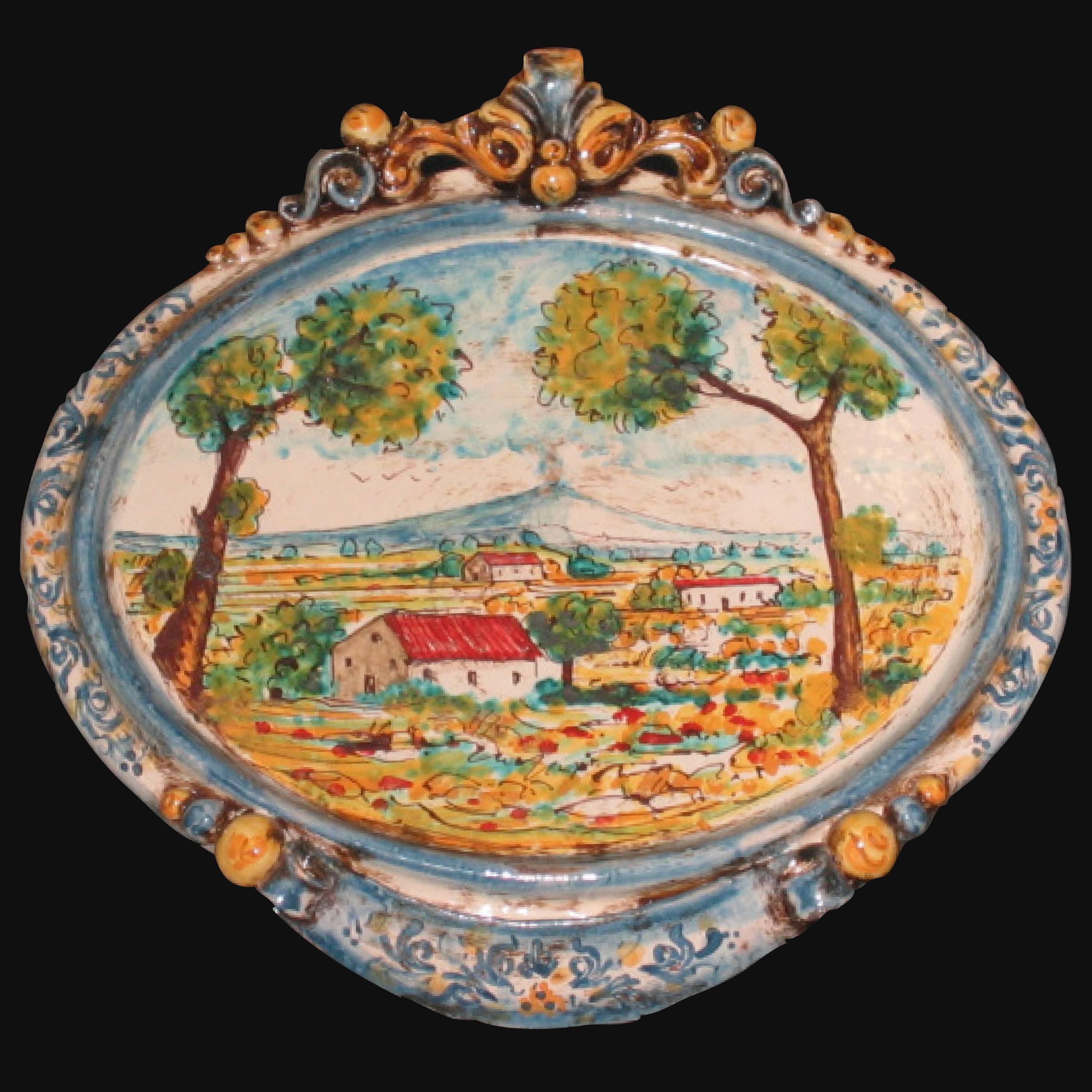 Ovale orizzontale medio con paesaggio cm 23x25 blu/arancio in Ceramica Artistica di Caltagirone