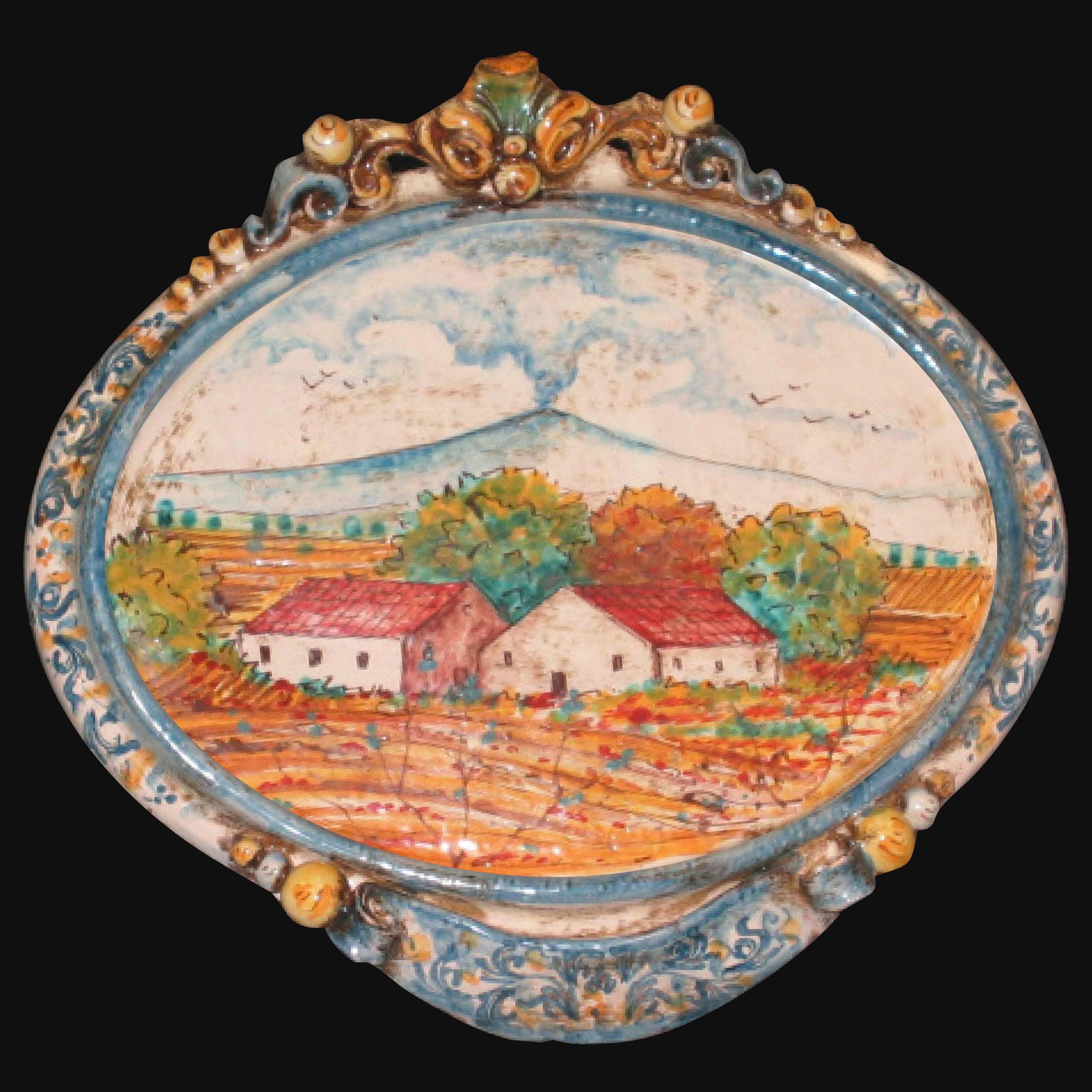 Ovale orizzontale medio con paesaggio etna 23x25 blu/arancio in Ceramica Artistica di Caltagirone