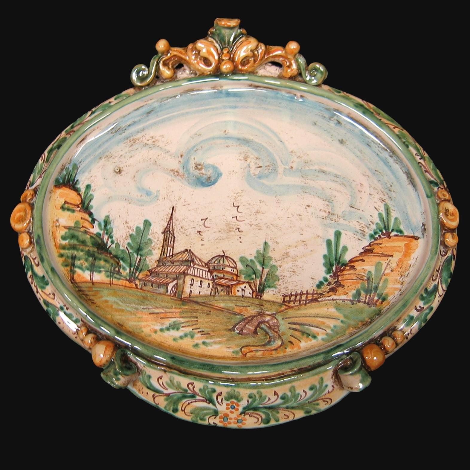 Ovale orizzontale medio c/paesaggio 23x25 verde/arancio in Ceramica Artistica di Caltagirone - Ceramiche di Caltagirone Sofia