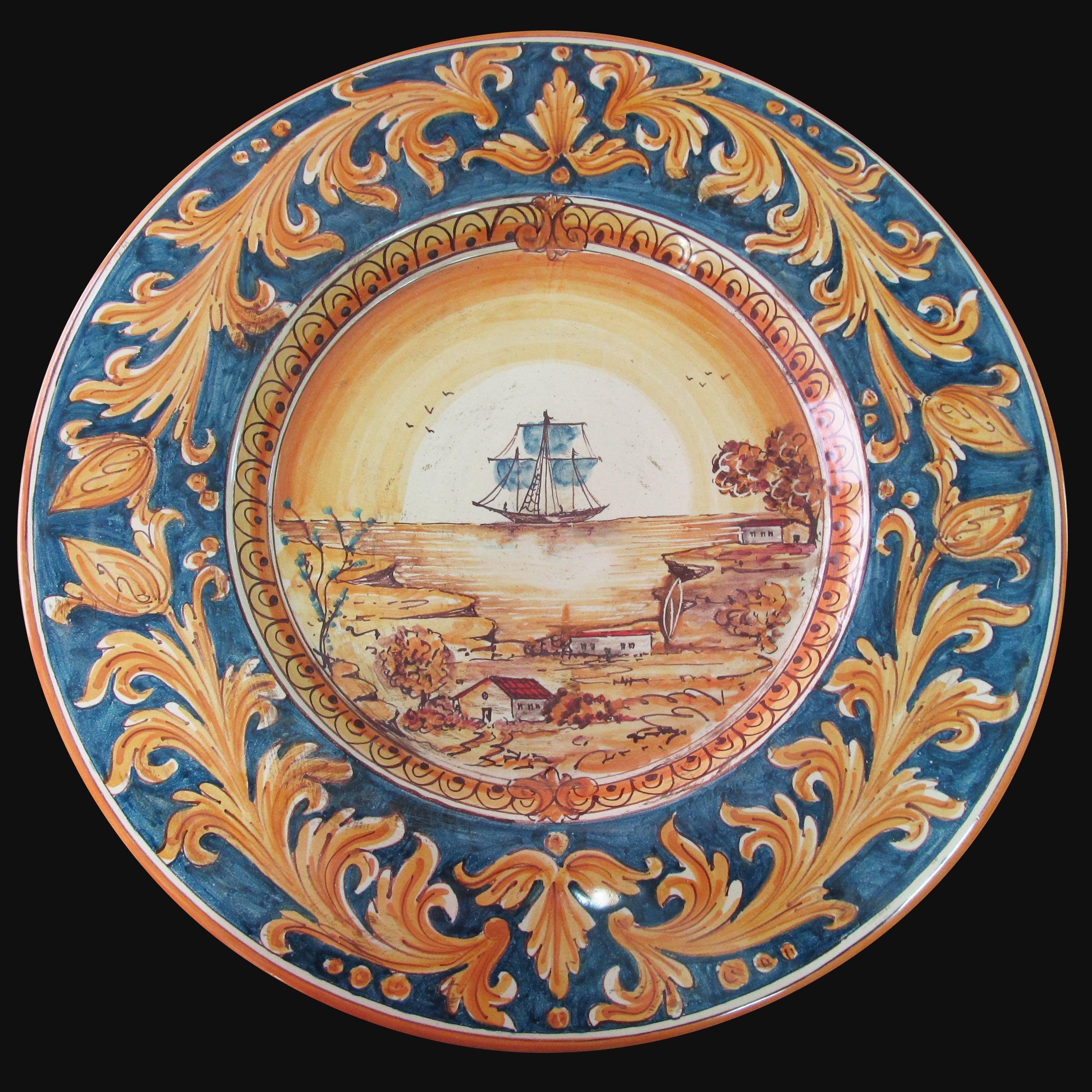 Piatto cap. prete Ø 35/40 c/veliero ornato fondo blu in ceramica artistica di Caltagirone