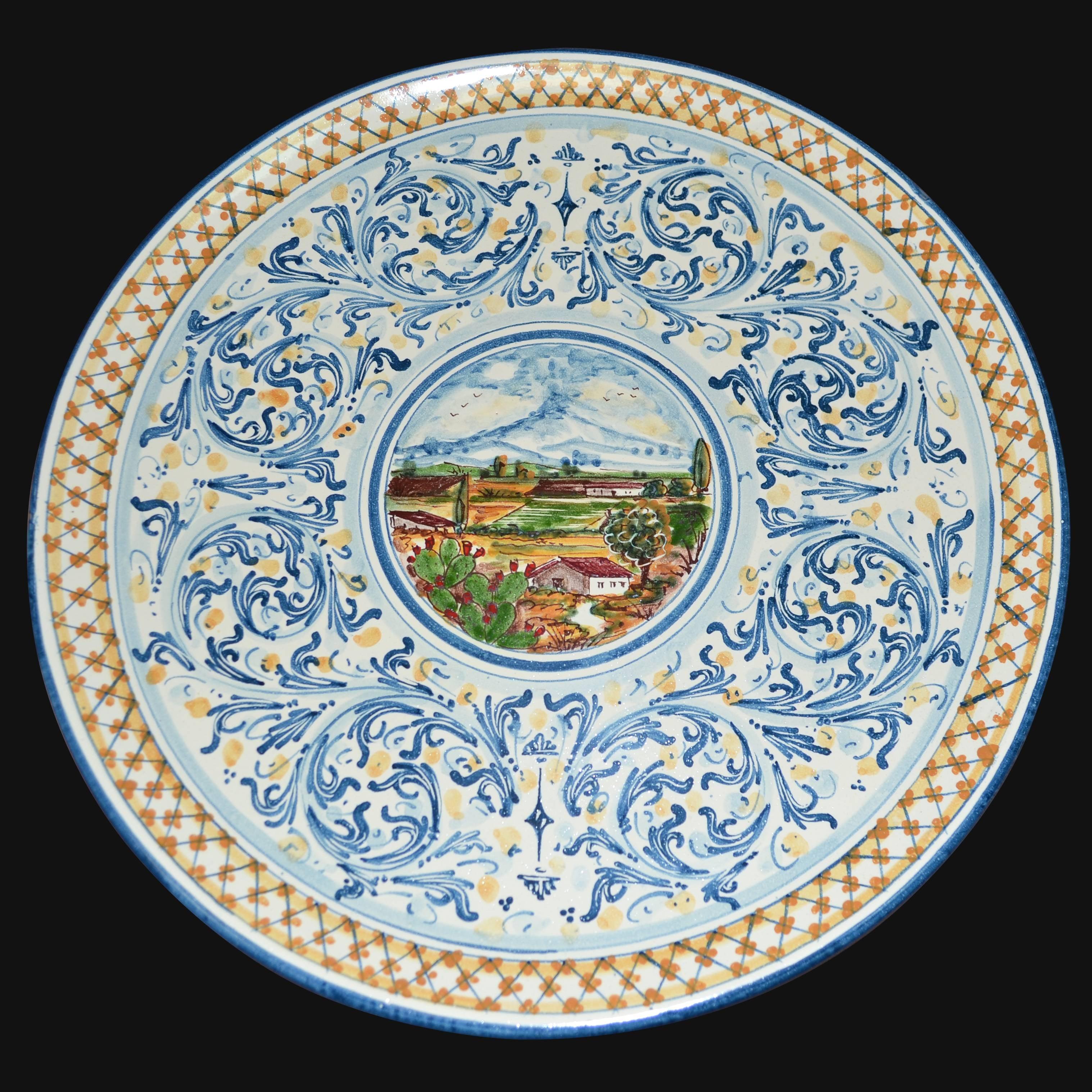 Piatto ornamentale Ø 35/40 serie d'arte in blu/arancio in ceramica artistica di Caltagirone