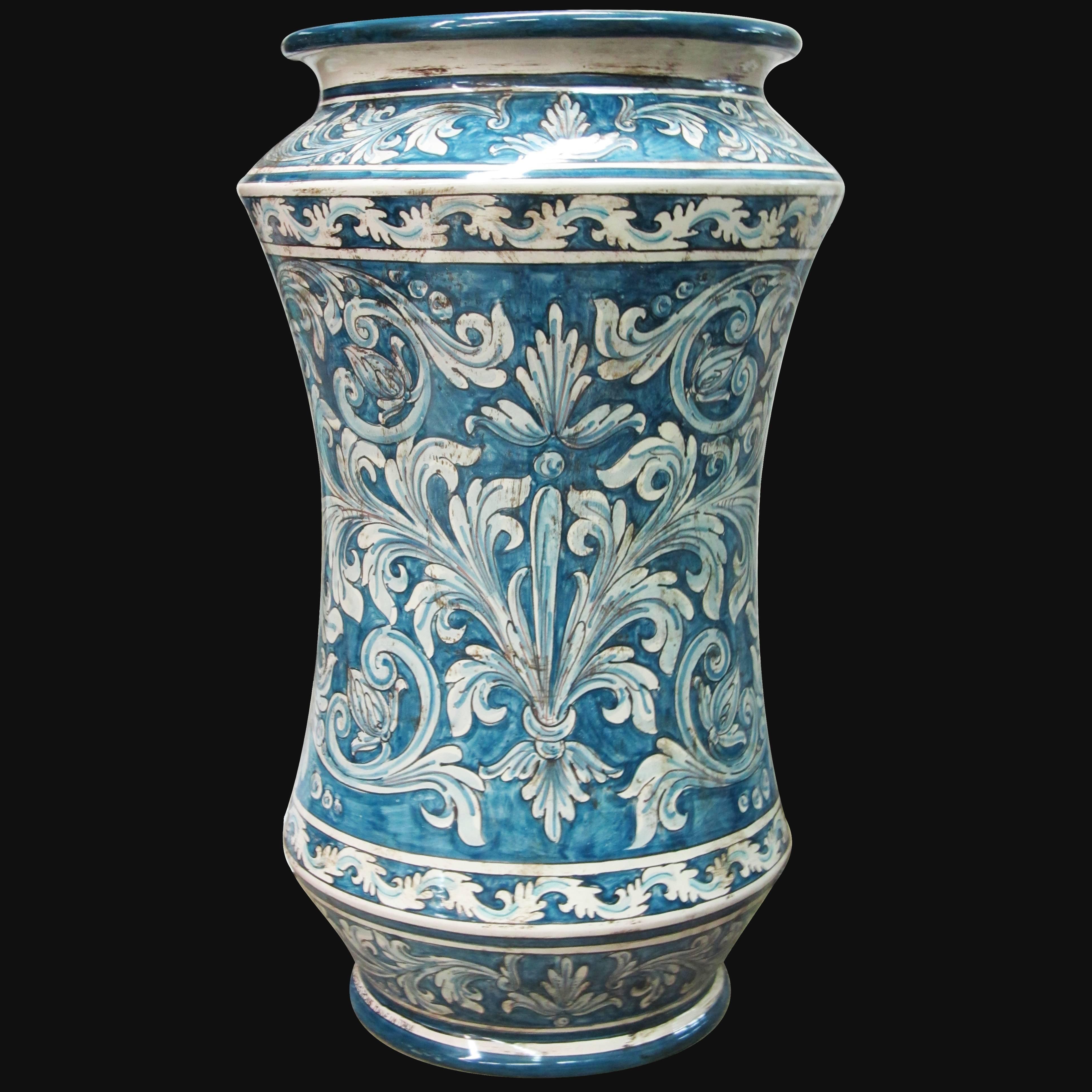 Portaombrello ad albarello h 50 ornato mono blu Ceramiche sofia di Caltagirone