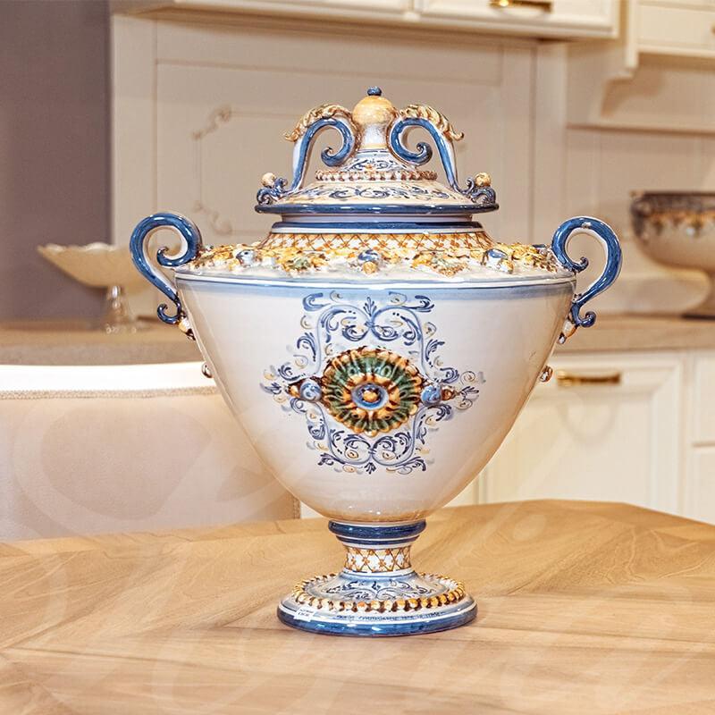 Caltagirone Ceramic Potiche Vase with Foot H 38 cm / 15" — Plastico Sofia, Tricolour