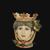 Testa di Moro con Fichi, Donna, Verde e Arancio, corona e fiori colorati. Ceramica siciliana di Caltagirone, Sofia