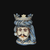 Ceramiche di Caltagirone fatti a mano: testa di re con corona e turbante blu, artigianato siciliano unico