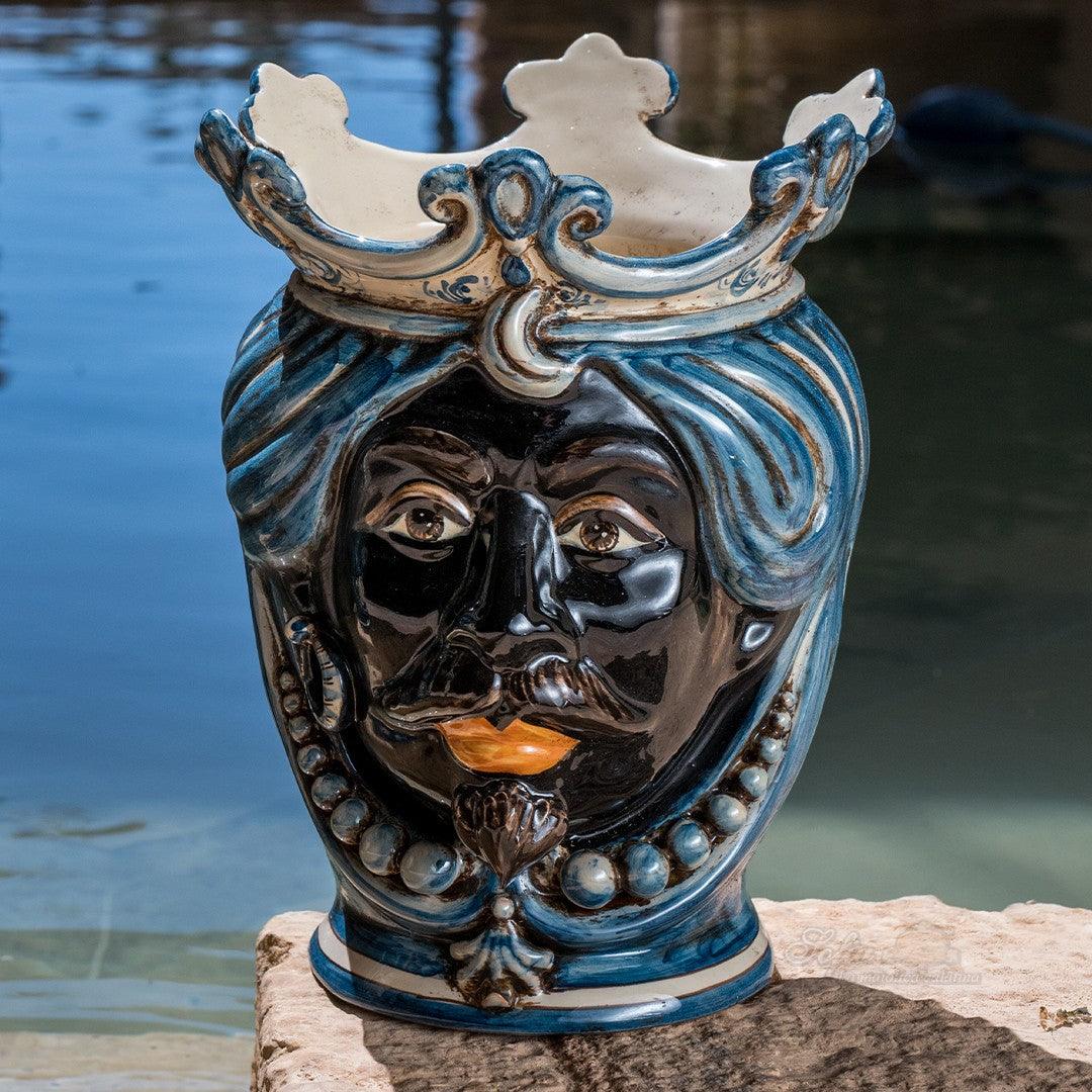 Testa h 25 c/perline mono blu maschio moro - Ceramiche di Caltagirone Sofia