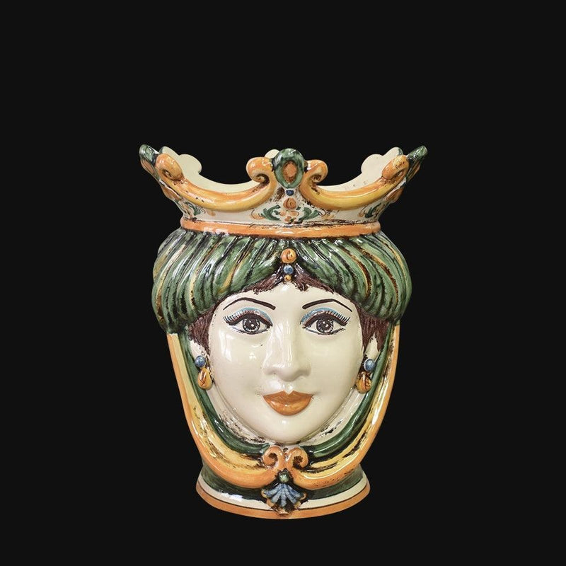 Caltagirone Moor's Head Vase h 25 cm — Female, Green and Orange | Ceramica Caltagirone