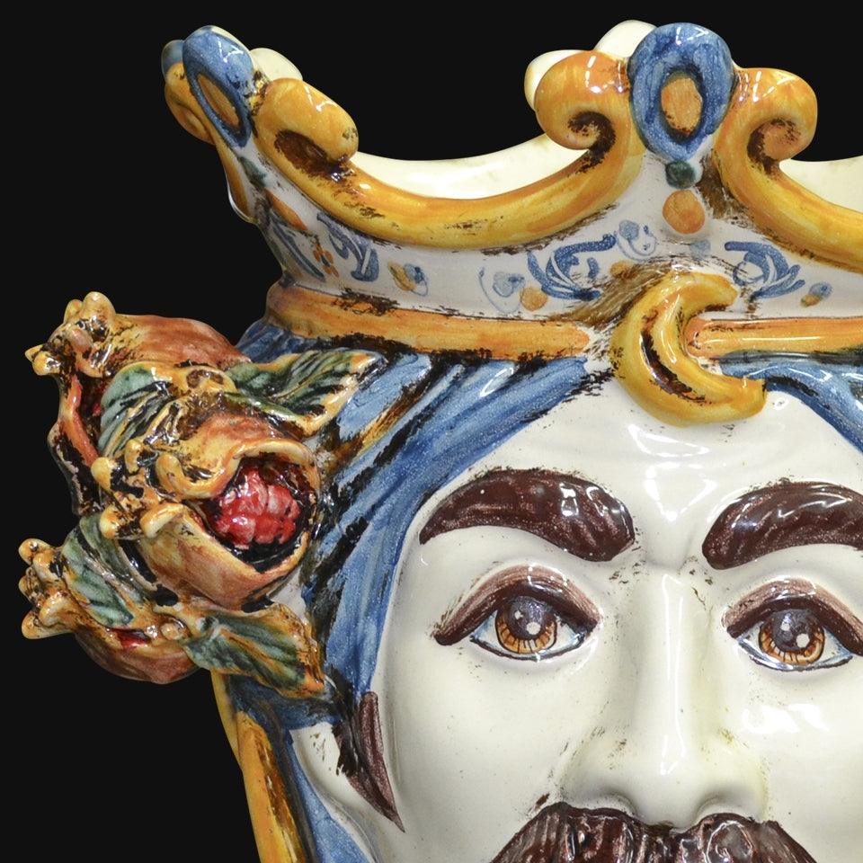 Testa h 25 melograni blu e arancio maschio bianco - Ceramiche di Caltagirone Sofia