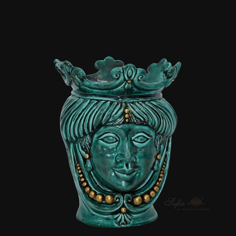 Testa h 25 Verde Rame con dettagli in oro zecchino femmina - Teste di moro moderne Sofia Ceramiche - Ceramiche di Caltagirone Sofia