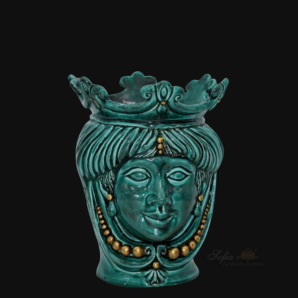 Testa h 25 Verde Rame con dettagli in oro zecchino femmina - Teste di moro moderne Sofia Ceramiche - Ceramiche di Caltagirone Sofia