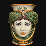 Vaso in ceramica di Caltagirone fatta a mano con volto femminile dipinto e dettagli colorati