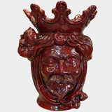 Ceramica di Caltagirone fatta a mano, volto regale con corona e barba, colore rosso intenso
