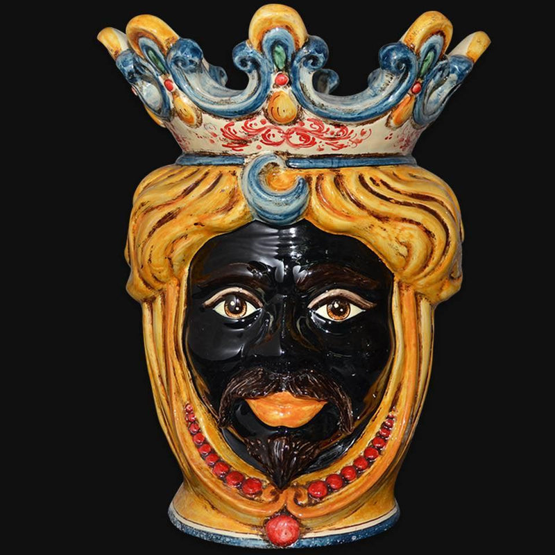 Sicilian Head Vase with Beads H 40 cm / 15.7", Moro Man, Yellow and Orange – Testa di Moro from Caltagirone, Sicily