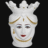 Testa di Moro con Perline, Donna, White and Gold, corona e dettagli dorati. Ceramica siciliana di Caltagirone, Sofia
